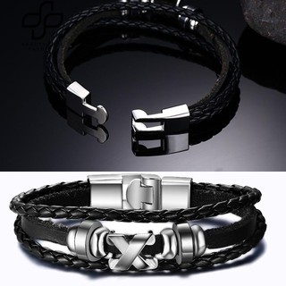 Men Letter X กำไลข้อมือกำไลข้อมือหนัง Faux Clasp Accessory