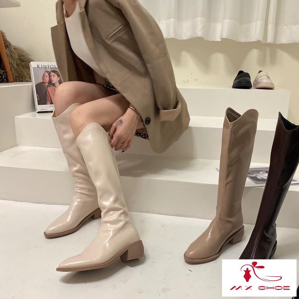 M & X~[ โปรโมชั่น] รองเท้าบูทยาว ส้นหนา หัวแหลม สีน้ําตาล เข้ากับทุกการแต่งกาย สําหรับผู้หญิง 2024