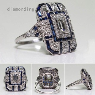 Women Men Antique Art Deco Silver Blue Sapphire &amp; Diamond Ring Party Rings