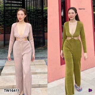 16411 Jumpsuit จั๊มสูทขายาวแขนยาว แต่งห่วงช่วงเอว Long-sleeve jumpsuit, long sleeves, ribbed detail at the waist.