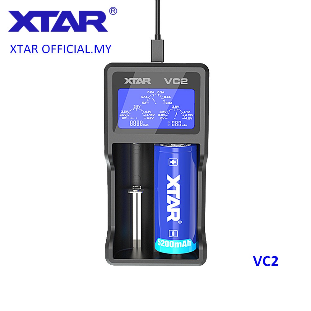 XTAR VC2 เครื่องชาร์จแบตเตอรี่ Li-ion 2 ช่อง 1040/18650/21700/26650 เครื่องชาร์จเร็ว