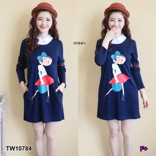 👗Pfashion [ส่งไว!!🚛] P10784 เดรสคอปกแขนยาวอกสกรีนลายการ์ตูนผู้หญิง Womens cartoon print long sleeve collared