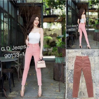 G.D.Jeans รุ่น 90133-1#กางเกงขายาวผ้าลูกฟูกผ้ายืดเอวสูงทรงกระบอกเล็กสีชมพูเปิดกระดุมทองหน้าสองเม็ดแบบเก๋ๆ