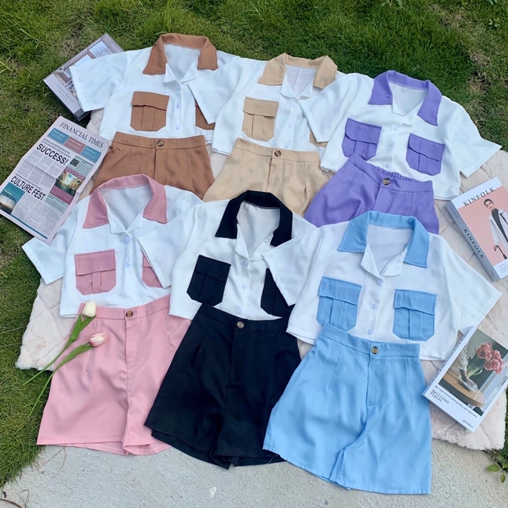 พร้อมส่ง เซ็ททูโทนขาสั้นสุดฮิต เซตเสื้อครอปกางเกงขาสั้น เสื้อคอปกพร้อมกางเกงขาสั้น
