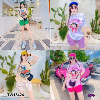 TwinsShopVip💗พร้อมส่ง TW15424 Set 2 ชิ้น เสื้อแขนสั้นพิมลายการ์ตูนด้านหน้า + กางเกงขาสั้นทรงสวย Set of 2 piece