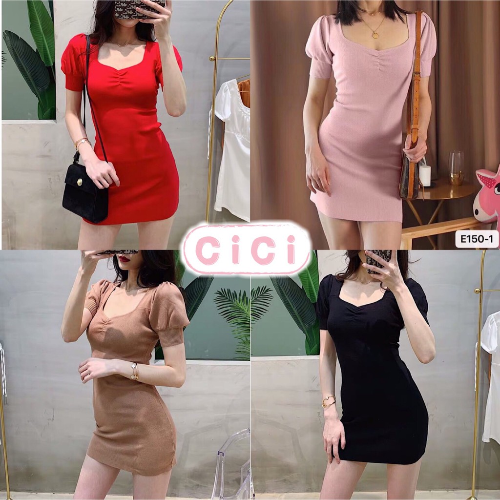 Cicishop SALE/สุ่มสี🍓พร้อมส่ง🍍เดรสไหมพรม แขนตุ๊กตา ดีเทลช่วงอกจั้มๆ(E150-1)