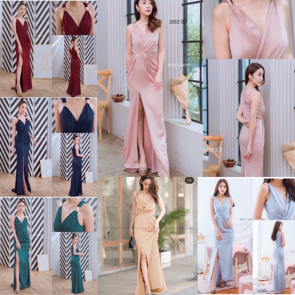 BS2052 Maxidress เดรสตัวยาวออกงาน คอป้ายชายกระโปรงผ่าแหวก 1 ข้าง