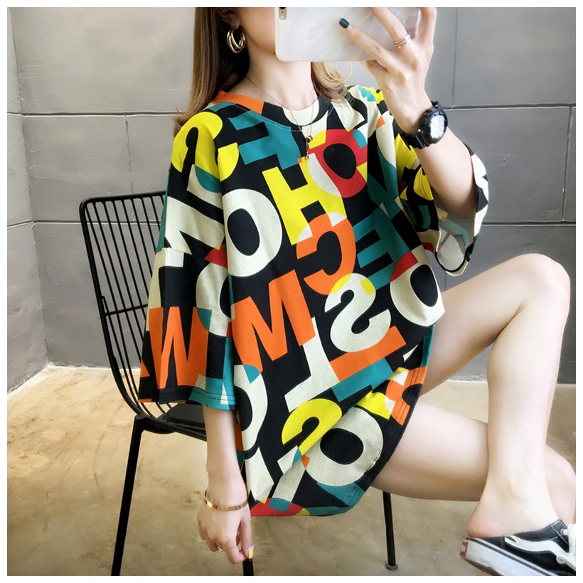 LHSunshine เสื้อสกรีนตัวอักษรภาษาอังกฤษแนวอาร์ตๆ จะใส่เป็นมินิเดรสหรือจะใส่เป็นเสื้อเดี่ยวๆก็ปัง