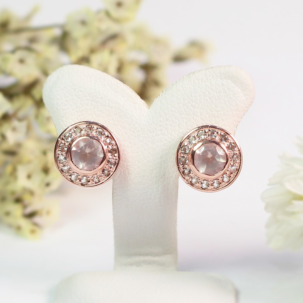 Top1Jewelry ต่างหูพลอยแท้ Rose Quartz เงินแท้