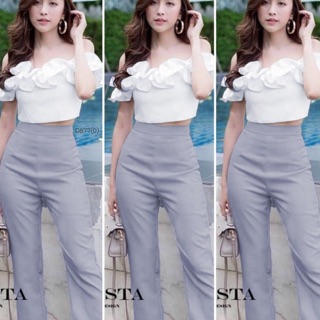 Fashion Set เสื้อแขนกุดทรงครอปปาดไหล่ ตัวสั้นโชว์เอว มีซิปหลัง มาพร้อมกางเกง
