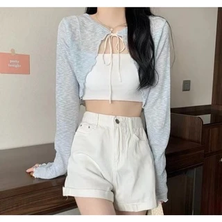 Cicishop(Q605) เสื้อคลุมแขนยาว ดีเทลเชือกผูกโบว์ แต่งชายระบาย จับแมทซ์ได้ทุกลุค สไตล์โคเรียสุด