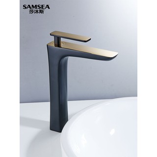 Above counter basin in bathroom, heightened splash-proof faucet, all copper hot and cold golden hand-washing basin, blac