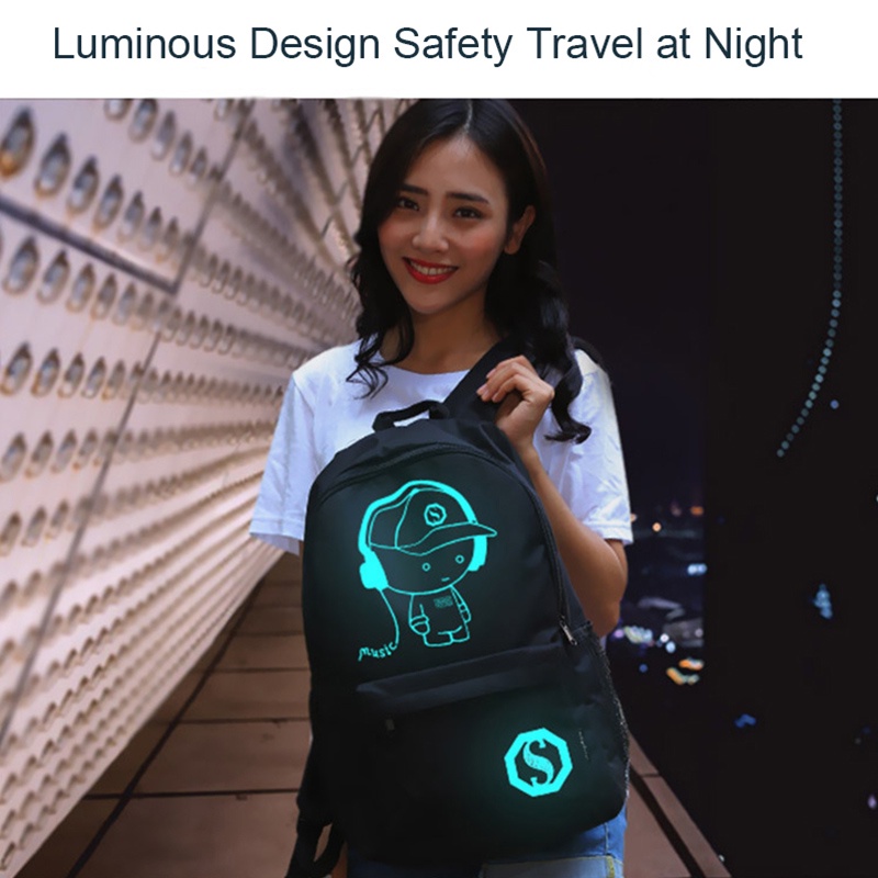 กระเป๋าเป้สะพายหลัง กระเป๋านักเรียน ใส่แล็ปท็อปได้ เรืองแสง พอร์ต USB สําหรับผู้ชาย และผู้หญิง