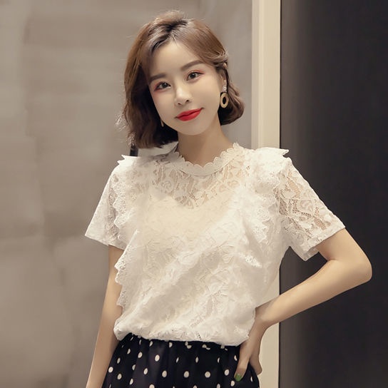 ข เสื้อเบลาส์ลูกไม้ฤดูร้อนแขนสั้นเย็บกลวง