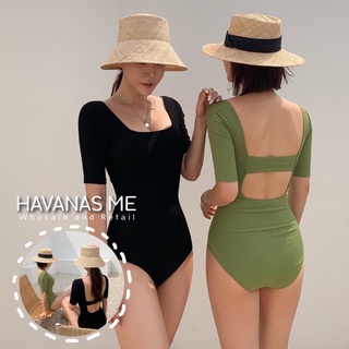 🍋HAVANAS ME🍋 พร้อมส่งจากไทย บอดี้สูทวันพีช สีพื้น เขียว ดำ ชุดว่ายน้ำผู้หญิงคอเหลี่ยม โชว์หลัง SWBD-KL