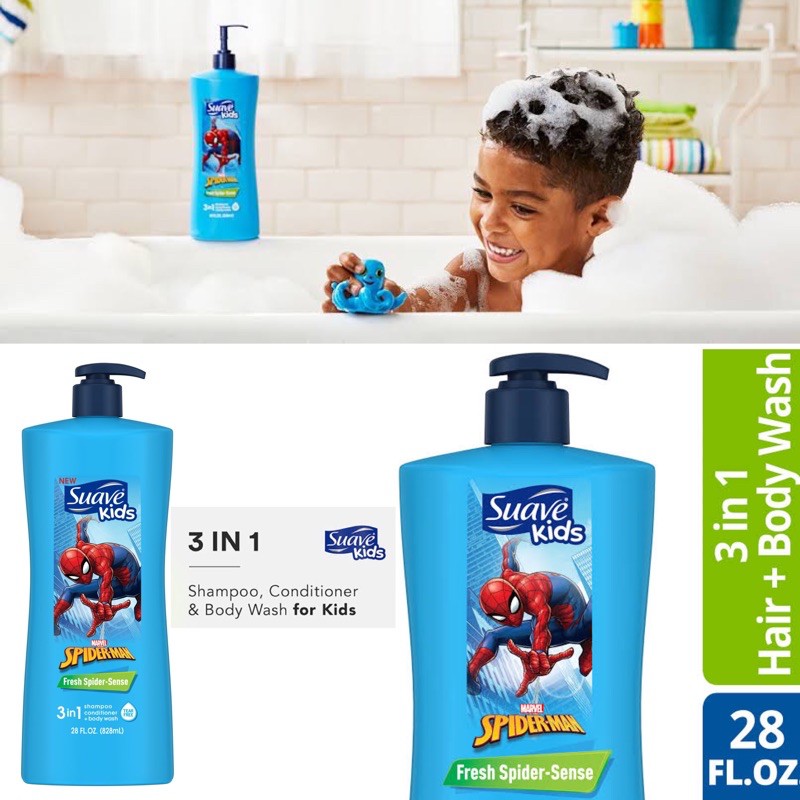 [ของแท้🇺🇸] สบู่ แชมพู ครีมนวด สำหรับเด็ก Suave Kids Fresh Spider-Sense 3 in 1 Shampoo Conditioner Bo