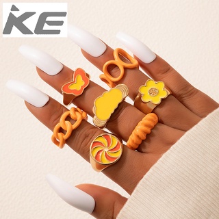 Fashion Jewelry Orange Drip Ring Set of Seven Spray Painted Geometric Open Ring Set for girls