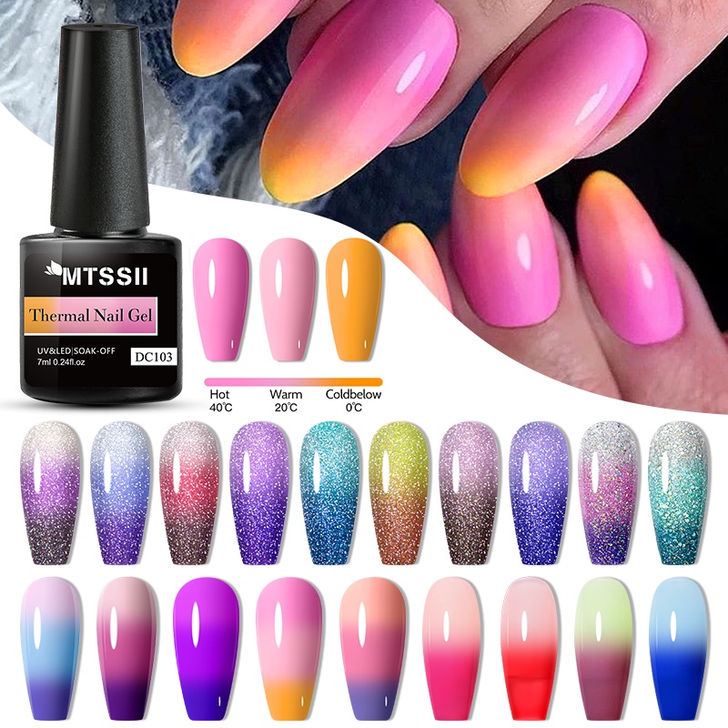 MTSSII 7ml เจลความร้อนเล็บ Soak Off UV เจลอุณหภูมิสีเปลี่ยน Top Coat เจล Glitter เคลือบเงาเล็บ