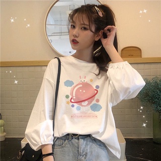 White long-sleeved ins top for female students Korean style loose cartoon letters college style lantern sleeve T-shirt b