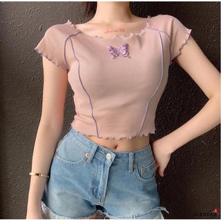 เสื้อแขนสั้นปักลายผีเสื้อสําหรับผู้หญิง
