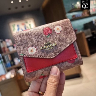 (แท้ 💯%‼ Factory) CO ACH 87709 SMALL WALLET IN SIGNATURE CANVAS WITH SCATTERED APPLE PRINT