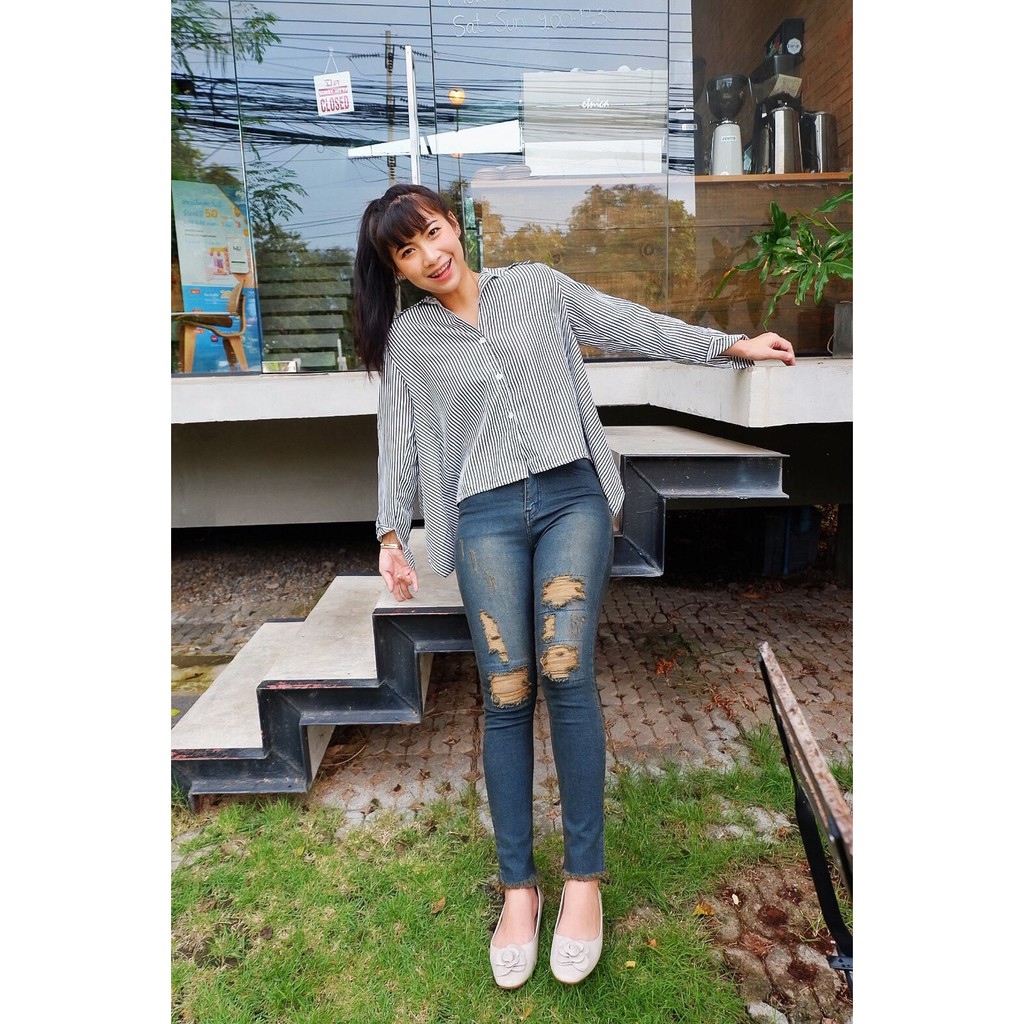 Cc jeans 047 S-5XL กางเกงยีนส์ผู้หญิง เอวสูง ทรงเดฟยืด  ปะเข่า ปลายขาตัด สีสนิม กางเกงผู้หญิง ราคา ถูกที่สุด โปรบีเคเค