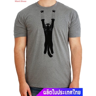 ผ้าฝ้าย 100%เสื้อยืดลำลอง Paw Addict Funny Cat Shirt Black Cute Kitty Laughing Game Cat T-Shirt Unisex Novelty Tee For M