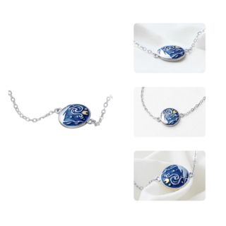 จัดส่งฟรี! สร้อยข้อมืองินแท้ 92.5% Van Gogh Enamel Cloisonne Plated Bracelet Star Moon Night Oil Painting แบรนด์ดัง🥇