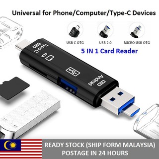 5 in 1 อะแดปเตอร์การ์ดรีดเดอร์ Type C USB Micro USB OTG USB C เป็น USB OTG การ์ดรีดเดอร์ SD โทรศัพท์ OTG