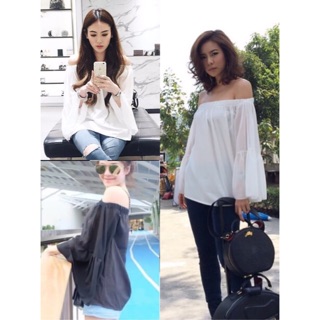 เสื้อเปิดไหล่ แขนกระดิ่งเนื้อผ้าosakaผ้า