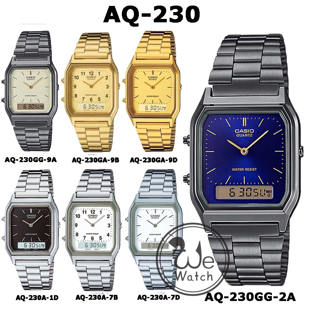 CASIO ของแท้ รุ่น AQ-230A, AQ-230GA AQ-230GG นาฬิกาชายและหญิง 2 ระบบ สไตล์วินเทจ ยอดนิยม ประกัน 1 ปี AQ230 AQ230A AQ230G