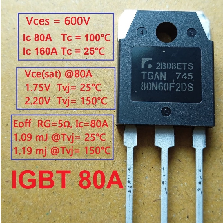 1ชิ้น TGAN80N60F2DS Trench IGBT 80A 600V ซ่อม ตู้เชื่อม , อินเวอร์เตอร์ , UPS , Solar