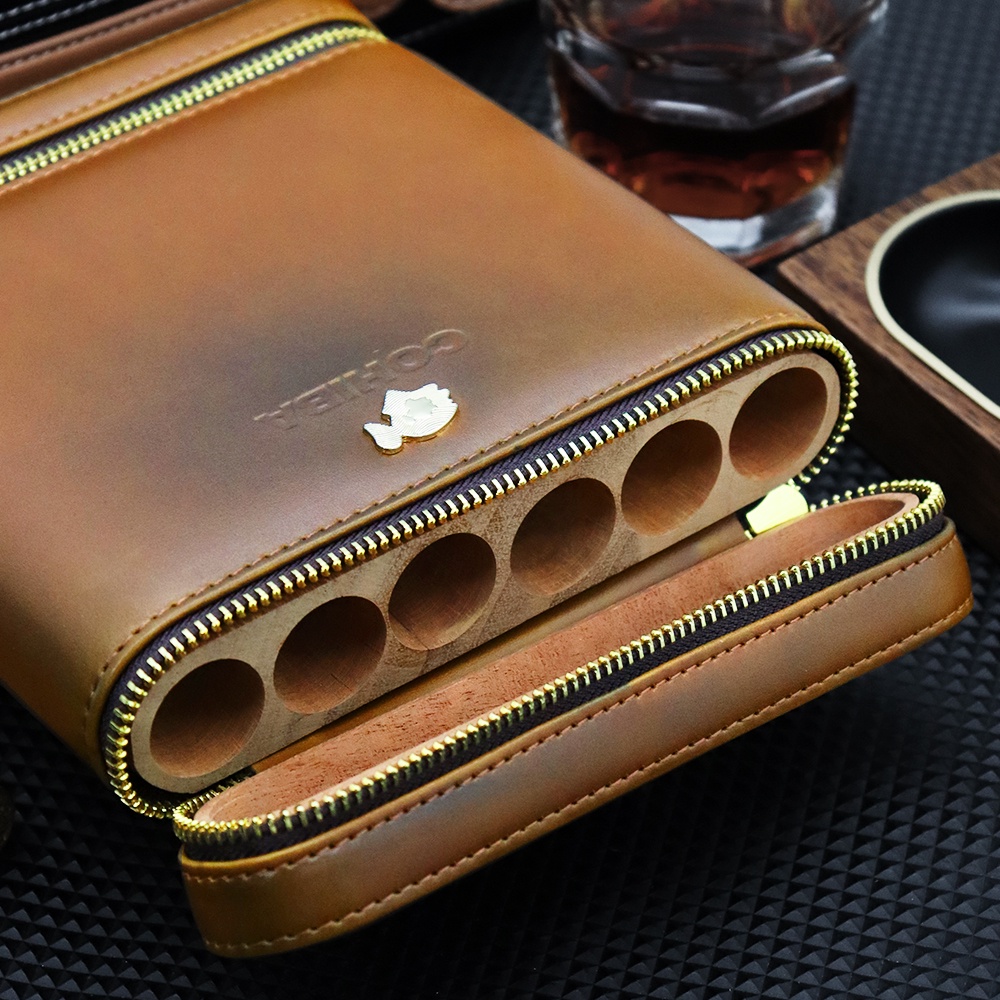 ตู้ซิการ์HOT SALE COHIBA ortable Leather Cigar Case Humidor 6 Tubes