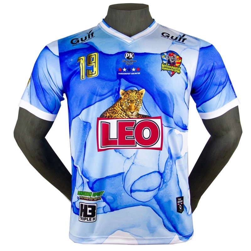 เสื้อกีฬา เสือฟุตบอล เสื้อกีฬาพิมพ์ลาย คอวี AllStar 19 สีฟ้า ลายน้ำเนื้อผ้า Micro Polyesrer100%