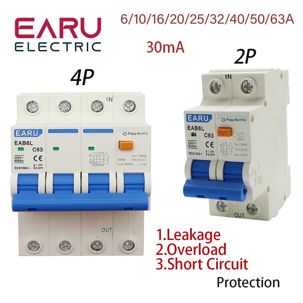 AC230V MCB Leakage Protector RCBO Overload Short Circuit Protection 2P 4P 30mA Residual Current Circ