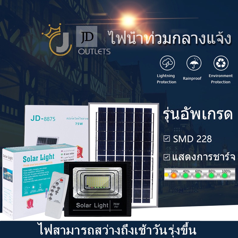 【กำลังไฟที่แท้จริง】JD ไฟโซล่าเซลล์ 150W กันน้ำกลางแจ้ง สว่างอัตโนมัติป้องกันฟ้าผ่า solar light สว่าง โคมไฟโซล่าเซลล์