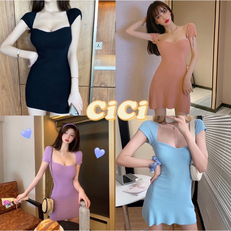ส่งทันที Cici(NO. 70009-2)เดรสไหมพรมสีพื้นแขนสั้นใส่เป็นคอเหลี่ยมหรือเปิดไหล