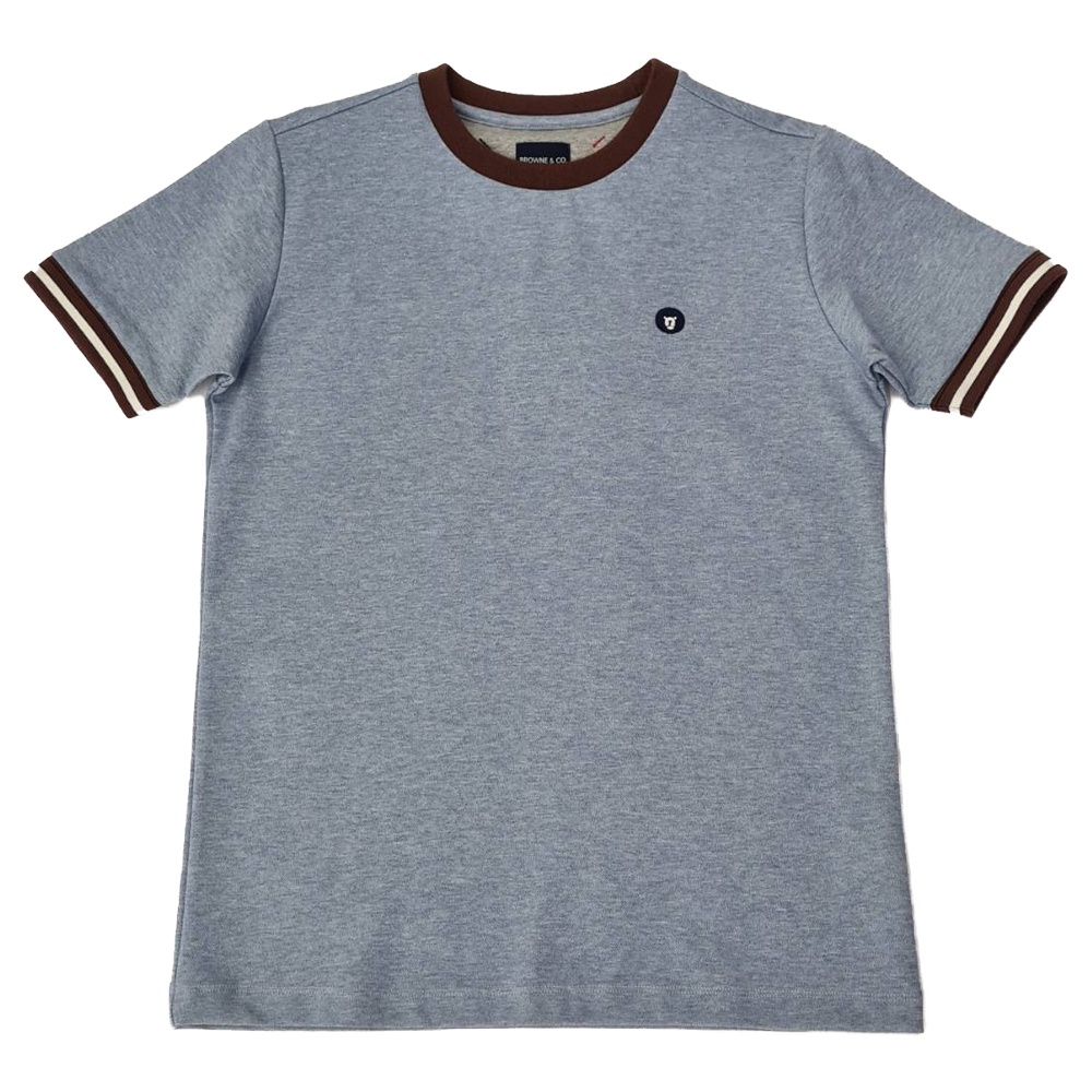 BROWNE & CO. เสื้อยืด คอตตอน สีฟ้าเดนิม คอ แขน ตัดต่อผ้าทอลาย รุ่น BKC029-1-BU