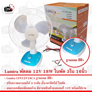 Lumira พัดลม ฐานกลม สีฟ้า 12V 18W LFN12V16 ใบพัด 3ใบ หน้าพัดลม 16นิ้ว แรงลม 3ระดับ ตั้งเวลาได้