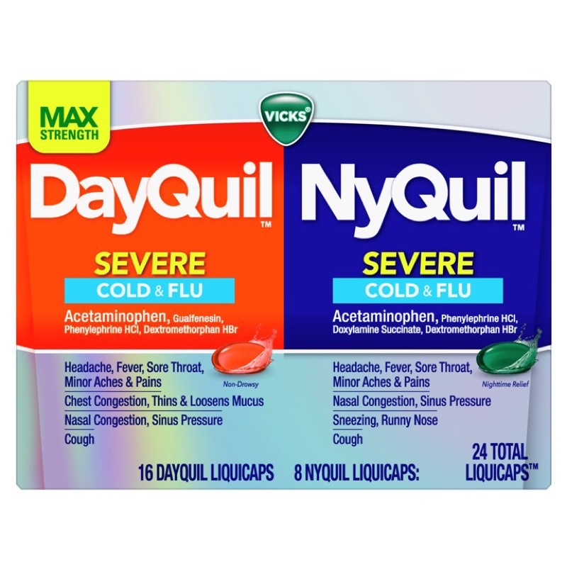 🌟Pre-order🌟  Vicks DayQuil &amp; NyQuil SEVERE Cold &amp; Flu Max Strength 24 LiquiCaps  นำเข้า แท้ 100%