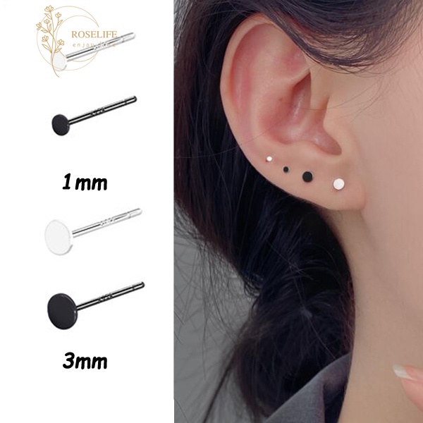 Roselife ต่างหูแฟชั่น Unisex S925 เงินสีดําทรงกลมขนาดเล็ก 1 คู่