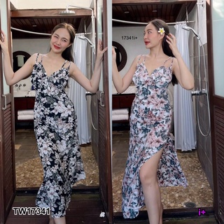 17341 Dress แม็กซี่เดรสลายดอกสายคู่ ผ่าข้าง Floral print maxi dress, double straps, side slit