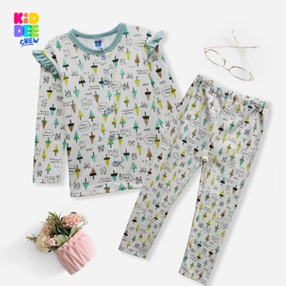 KiddeeCrew ชุดนอนเด็กสีครีมฟ้าต้นไม้แมวระบายแขน Baby pajamas cream blue cat tree vented sleeves. เหมาะสำหรับอายุ 1-14 ปี