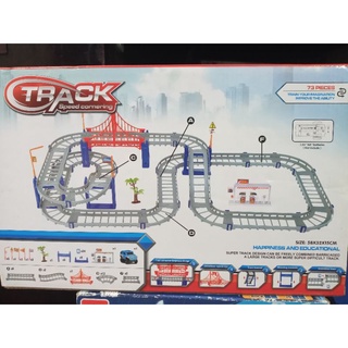 track speed cornering ตัวต่อรางยกระดับและสะพานพร้อมรถใส่ถ่านวิ่ง 73 pcs