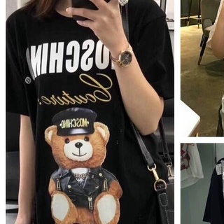 O-Neck หมีเสื้อยืดผู้หญิง MOSCHINO เสื้อยืดผ้าฝ้ายแฟชั่นของผู้หญิงเสื้อแขนสั้นกราฟิกคู่ Harajuku TshirtTEE