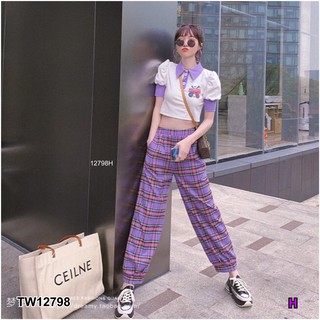 TW12798 Set 2 ชิ้น เสื้อคอปกแขนสั้น เอวลอยผ้าเนื้อยืดสแปนเด็กซ์ + กางเกงขายาวลายสก็อต เอวสม็อคหลัง งานผ้าสแปนเด็กซ์