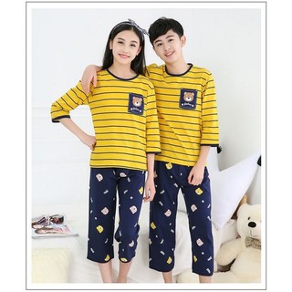 PJ546 ชุดนอนเด็ก คอตตอน 100% แขนขา 7 ส่วน ลายทางเหลือง (6ข/7ข/8ข/9ข)