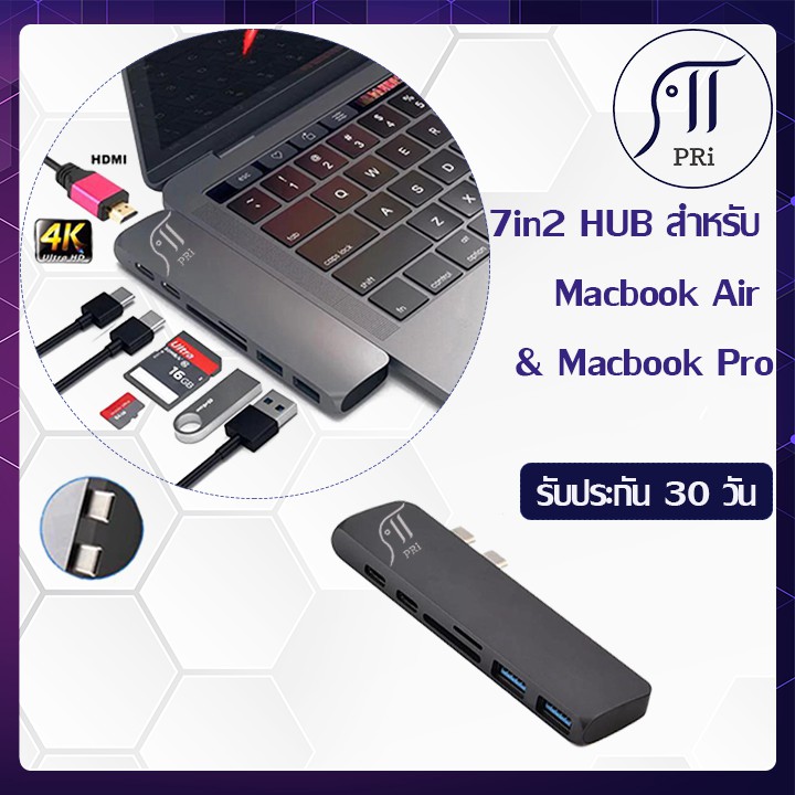 PRi 7in2 USB-C Hub Dual Type-C Multiport SD Card Reader Adapter 4K HDMI ...