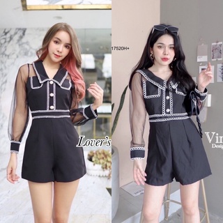 TW17520 Jumpsuit จั๊มสูทขาสั้น เสื้อแขนยาวผ้ามุ้งซีทรูทรงคอปก แต่งลูกไม้ห่วงขาวรอบตัว อกแต่งกระดุมหน้า