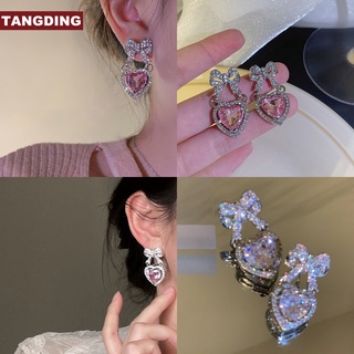 【COD Tangding】 ต่างหูเพทาย รูปหัวใจ ประดับโบว์ สีชมพู แฟชั่น สําหรับงานปาร์ตี้จบการศึกษา